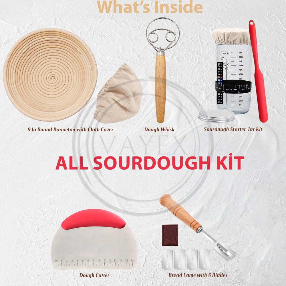 Sourdough Starter Kit – 9” Bread Proofing Basket, Starter Jar, Banneton, Whisk, Lame, Blades, Scraper, Bread Maker Tools